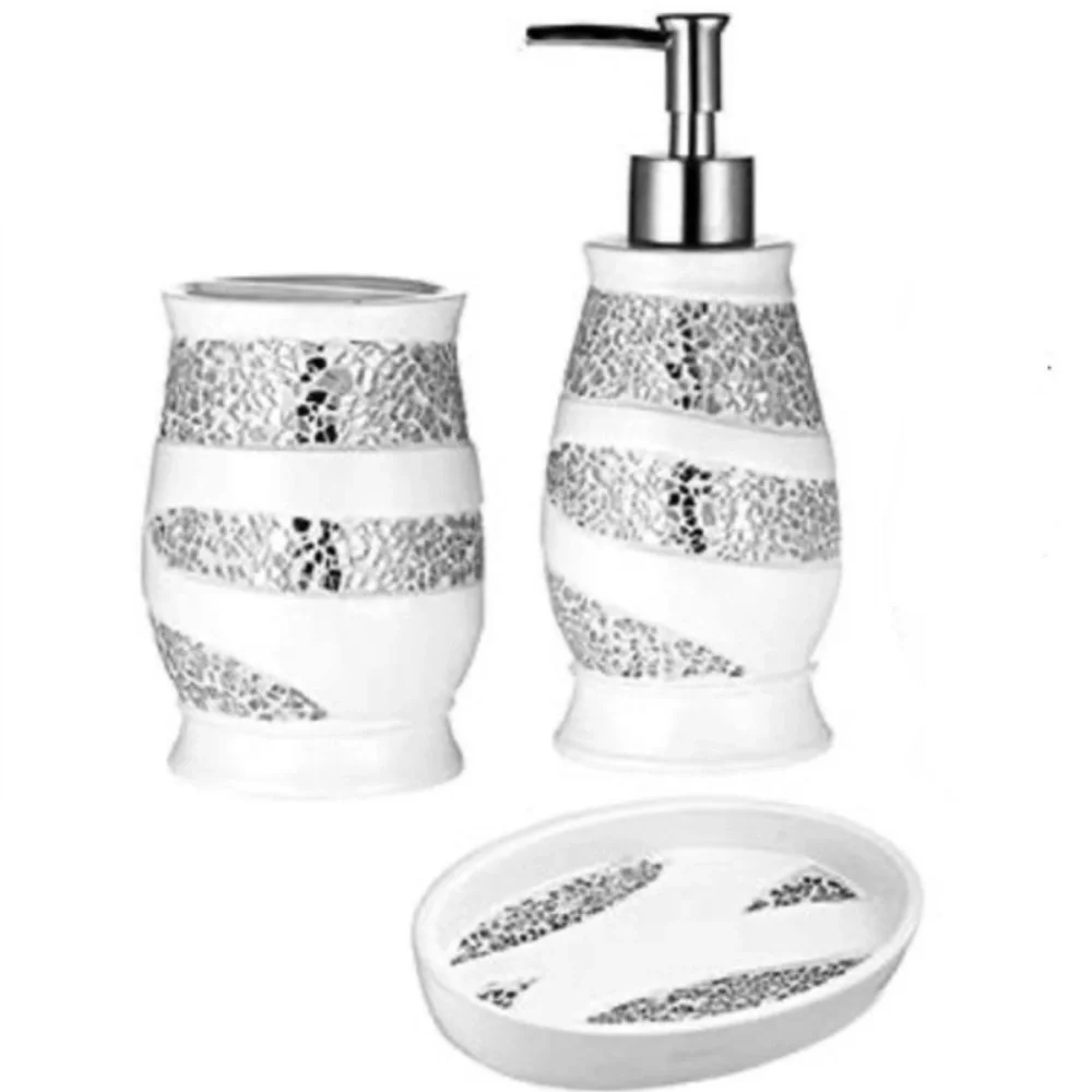White Sinatra Reflective Mirror Mosaic Glass Bathroom Accessory 3 PC Vanity Set